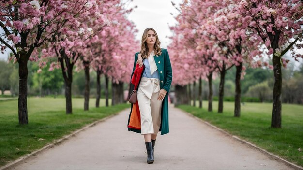 Photo fashion girl walking in a sspring park