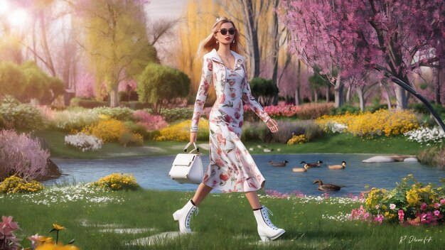 Fashion girl walking in a sspring park