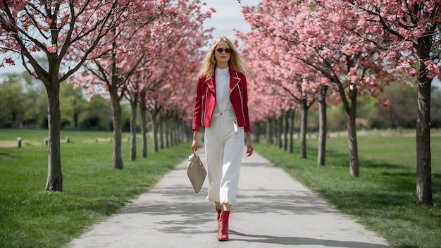 Fashion girl walking in a sspring park