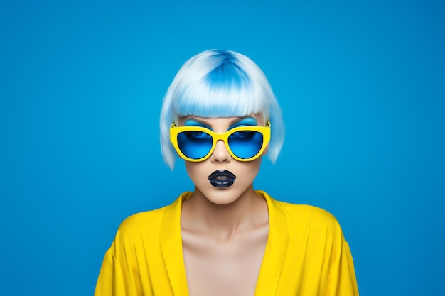 a fashion girl with blue hair and sunglasses