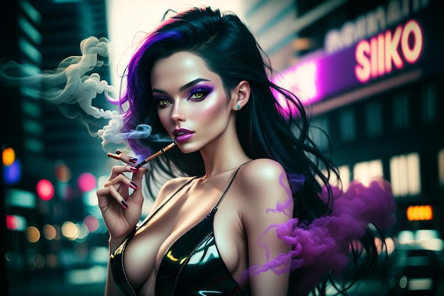 Fashion girl with cigarette in neon lights