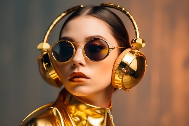 Fashion girl with golden headphones ai generative