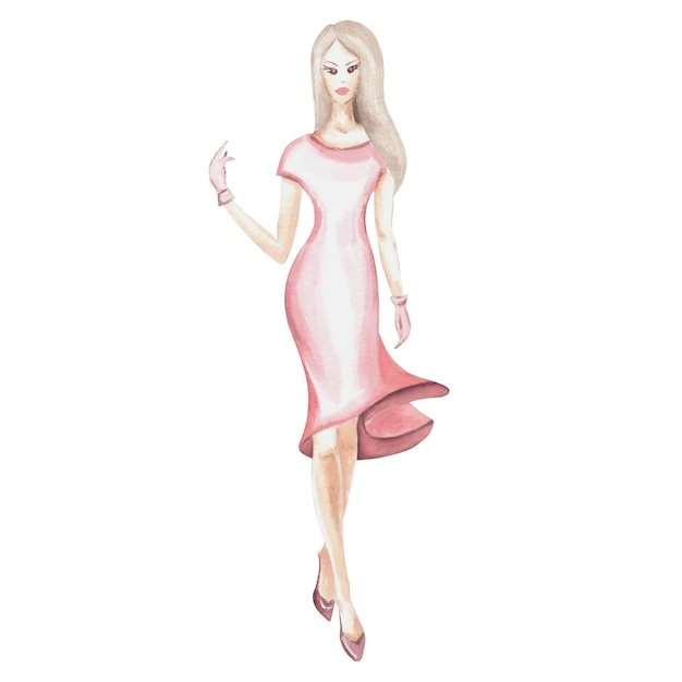 핑크색 드레스를 입은 긴 머리카락을 가진 패션 소녀 젊은 예쁜 여성의 스케치 손으로 그려진