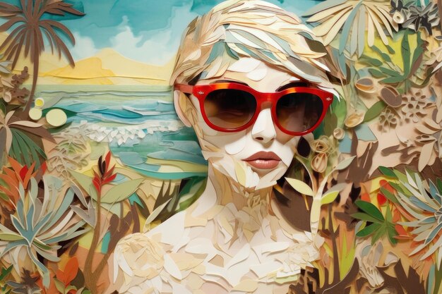 Fashion Girl with Sun Glasses in the beach Retro Effect Generative AI