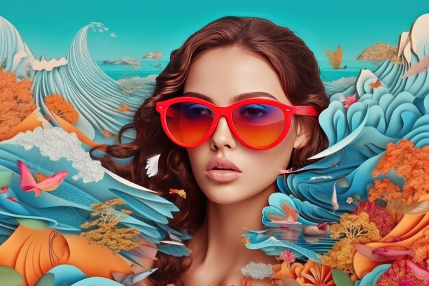 해변에서 선글라스를 쓴 패션 소녀 레트로 효과 생성 AI