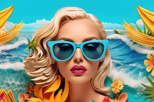 Модная девушка в солнцезащитных очках на пляже Ретро-эффект Генеративный AI