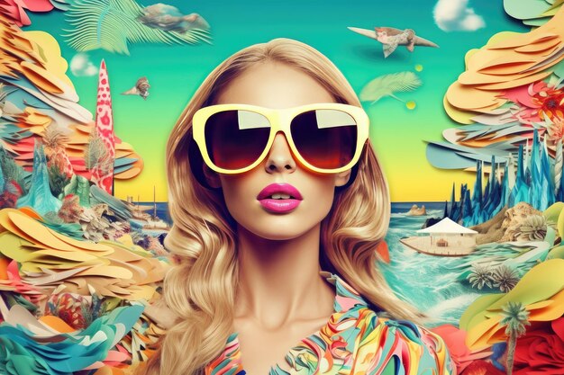 Fashion Girl with Sun Glasses in the beach Retro Effect Generative AI