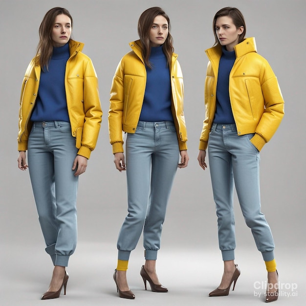 A fashion girl with a yellow jacket and blue pants