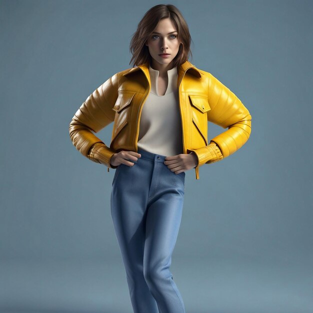 A fashion girl with a yellow jacket and blue pants