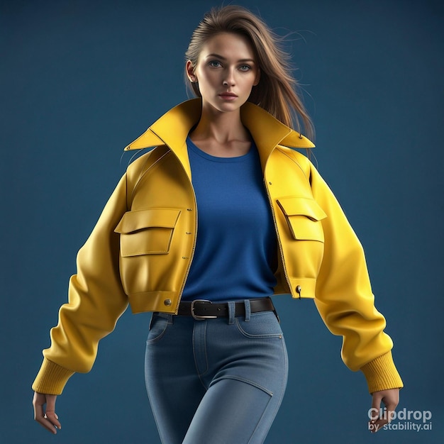 A fashion girl with a yellow jacket and blue pants