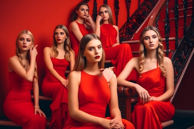 Fashion girls models in red dresses neural network ai generated