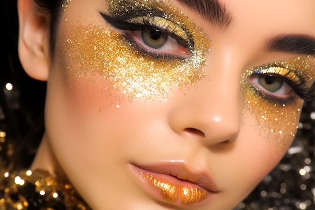 Fashion Glamour Makeup Holiday Gold Glittering Eyeshadows Stunning Art Eye Makeup AI Generative