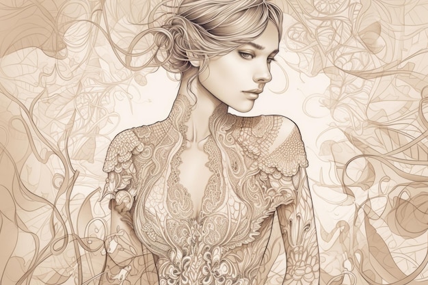 Fashion illustration of beautiful woman wearing delicate lace dress created with generative ai