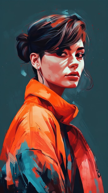 Fashion illustration of a beautiful young woman in orange coat