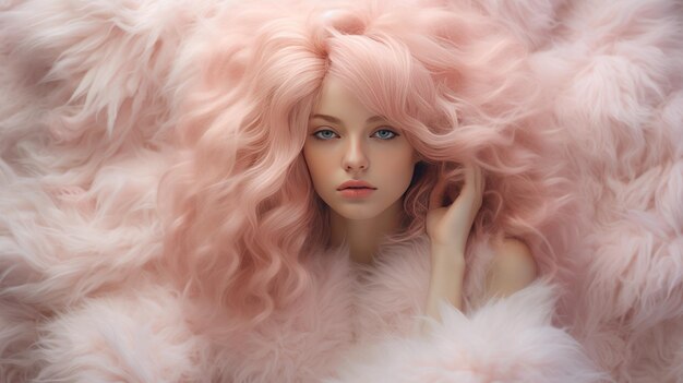ふわふわの服とパステルピンクの ⁇ を着た女性のファッションイラスト Generative Ai
