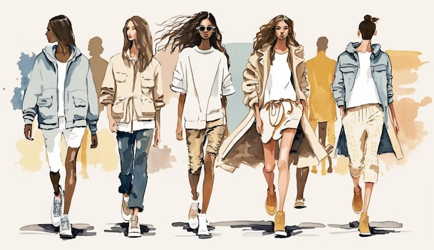 A fashion illustration of models walking down a street.