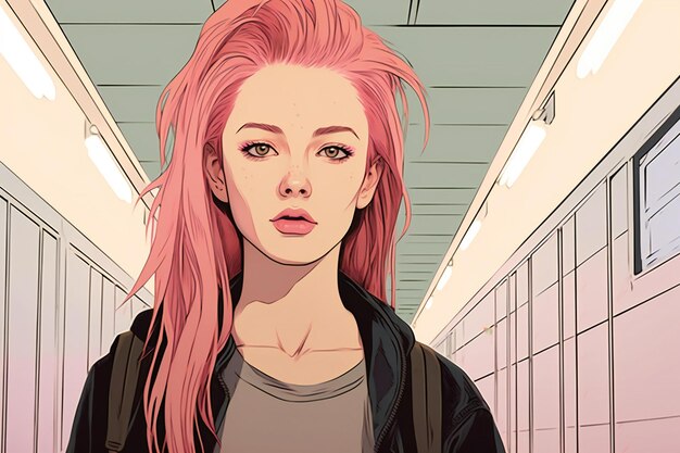 Фото Модная иллюстрация красивой девушки с розовыми волосами на железнодорожном вокзале