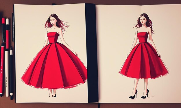 写真 赤いドレスのファッションイラストスケッチ