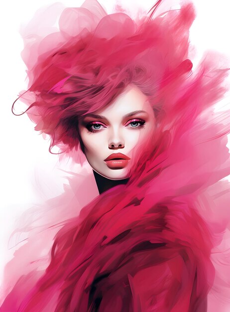 Fashion illustration of a young woman in blurred watercolor style