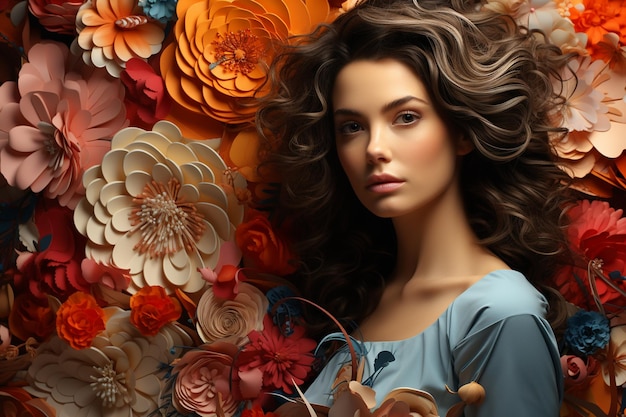 Fashion interior photo of beautiful sensual woman with dark hair in luxurious dress posing among flowersgenerative ai