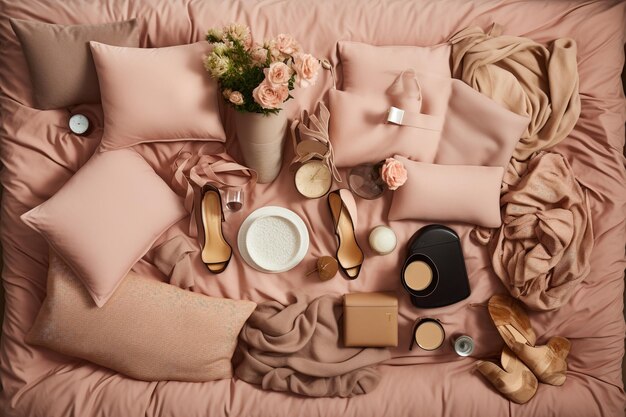 Fashion items are laid out on a bed of pale pink