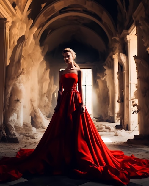 Fashion lady model in Red Royal Classic Dress stand in abounded palace hall fashion photography