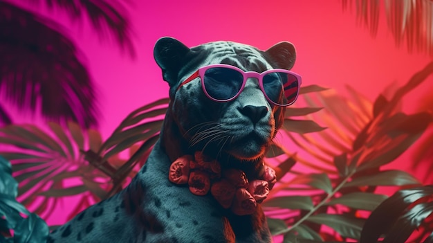 Модный леопард в солнцезащитных очках в хипстерском стиле на тропическом фоне Красивый леопард Летний бесшовный леопардовый фон кожи животных