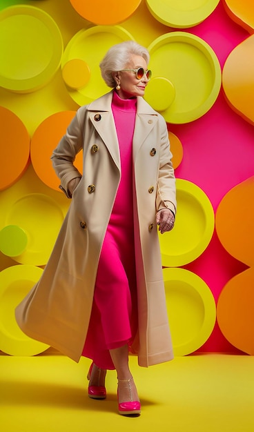 Fashion light bright futuristic background super elegant older woman in yellow cloth coat