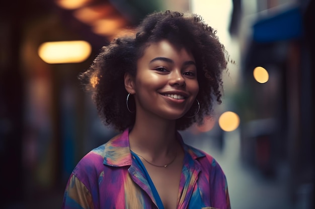 Fashion look Cheerful black woman on the street Retro 80s outfit and haircut Generative Ai Retrowave style Boho style