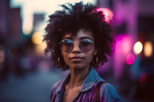 Fashion look Vrolijke zwarte vrouw op straat Retro jaren 80 outfit en kapsel en zonnebril Generatieve Ai Retrowave stijl Boho stijl