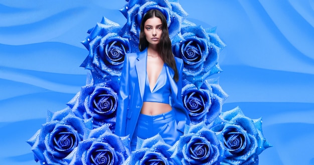 Fashion luxe model in blauwe bloemen ruimte Stijlvolle collage kunst