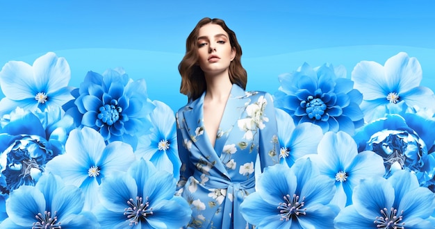 Модная роскошная модель в синем цветочном пространстве Стильный коллаж