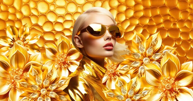 fashion luxury model in golden flower space