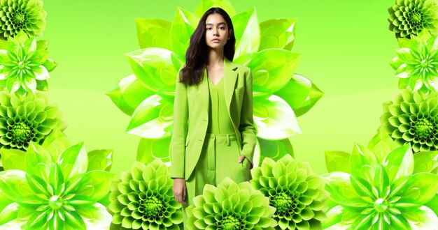 Fashion luxury model in green fresh flower space Stylish collage art