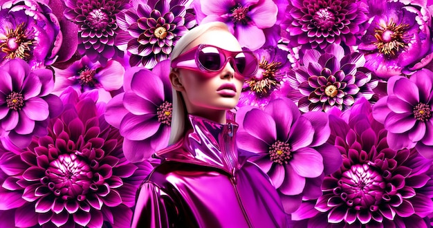 紫色の花のスペースでファッションの豪華なモデル スタイリッシュなコラージュアート