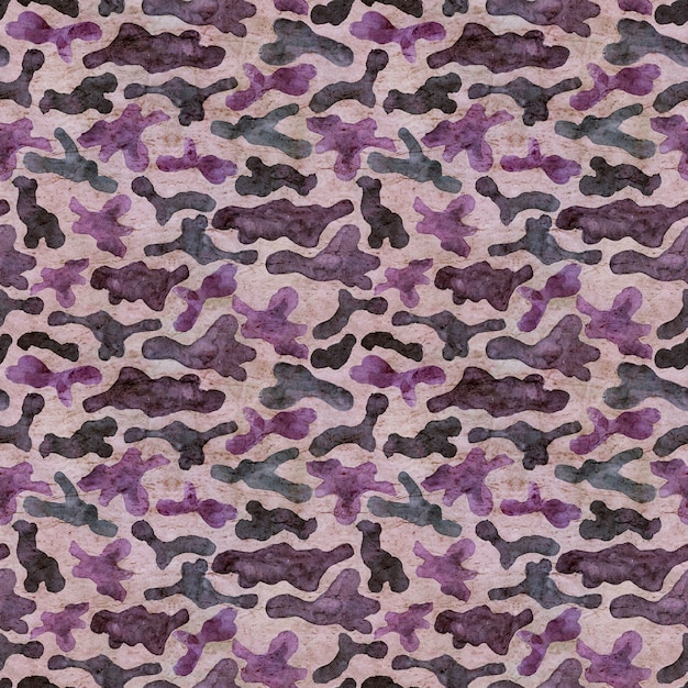 Fashion military hunting camouflage abstract background. Seamless woodland pattern. Brown, pink, purple and blue colors forest texture. Watercolor hand painted illustration on old paper.