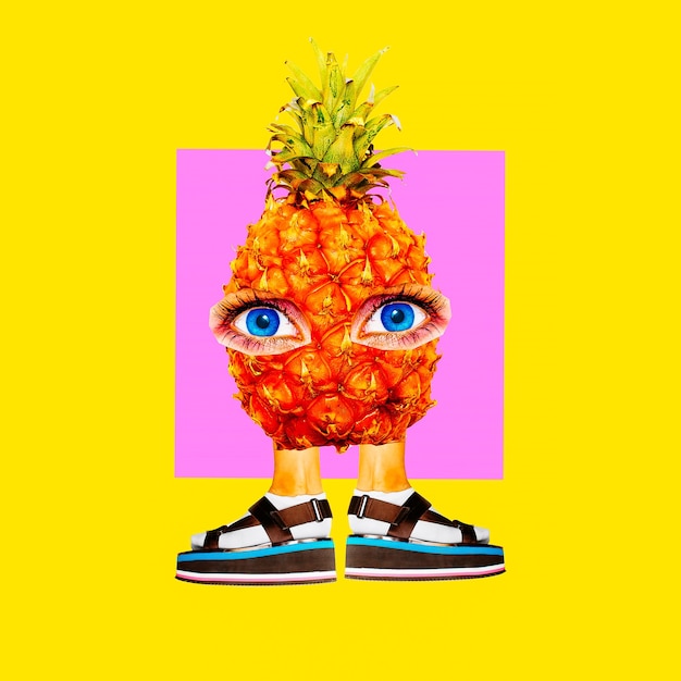 Photo fashion minimal art collage.funny pineapple character