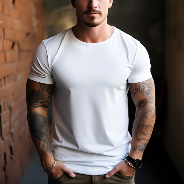 Photo fashion mockup men's white tshirt on model