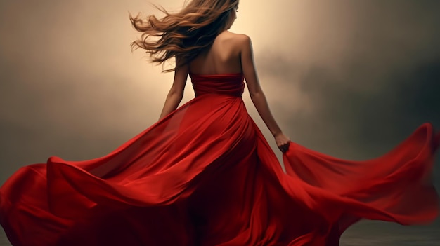 Fashion Model Back Side in Red Flying Dress Woman