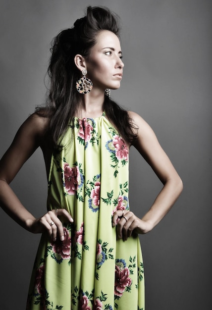 Fashion model in bright dress