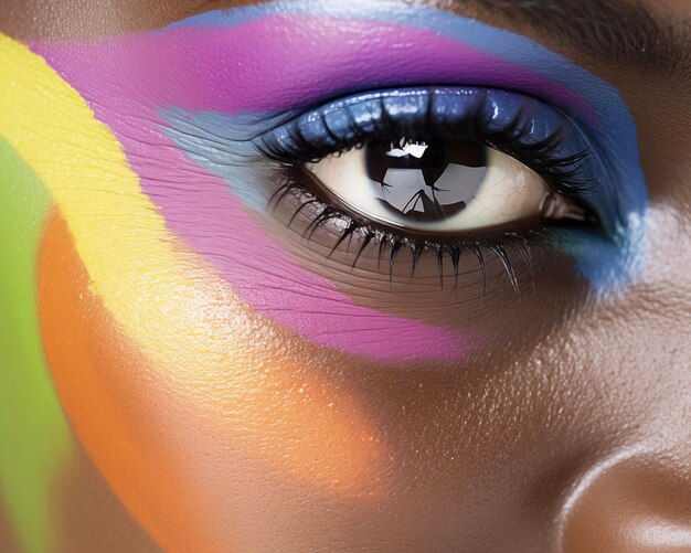 Fashion model in colorful bright lights with trendy makeup Closeup of woman eye