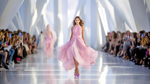Foto modella di moda che cammina con fiducia su una passerella glamour mentre indossa un elegante vestito rosa che emana