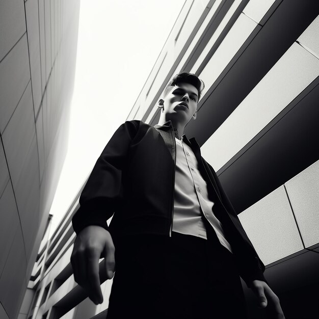 A fashion model in dark look and male suit design model