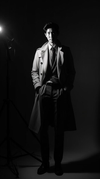 A fashion model in dark look and male suit design model