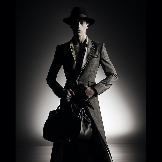 A fashion model in dark look and male suit design model