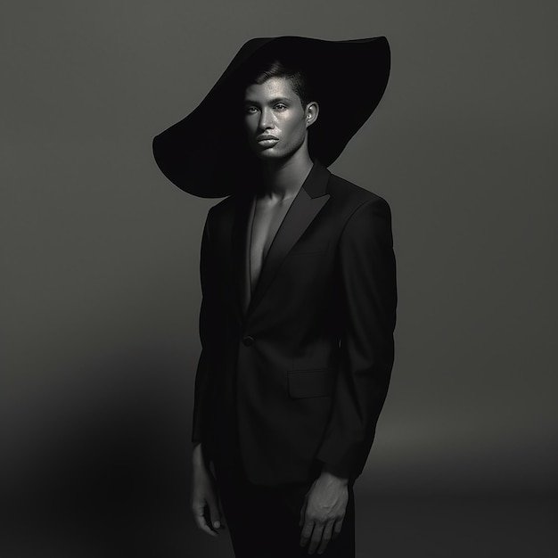 A fashion model in dark look and male suit design model