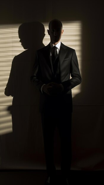 A fashion model in dark look and male suit design model