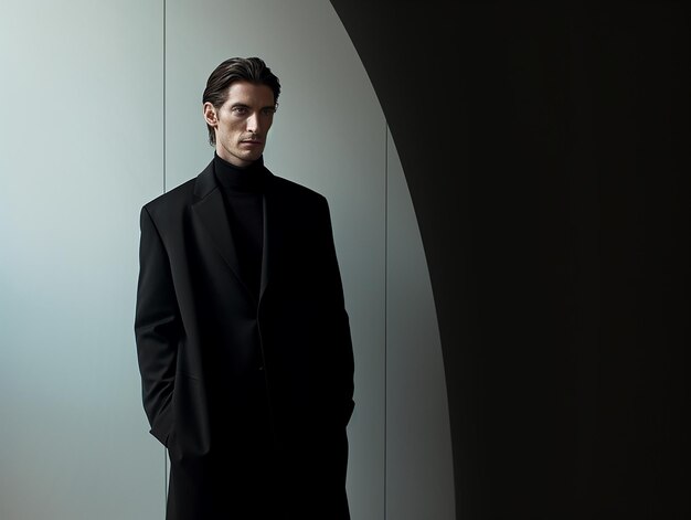 A fashion model in dark look and male suit design model