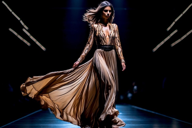 Photo fashion model dressed in a lush beige long dress walking the runway fashion show