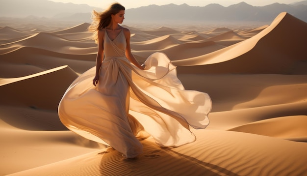 Модель в обнимающемся платье грациозно летит в пустынном бризе в солнечный день